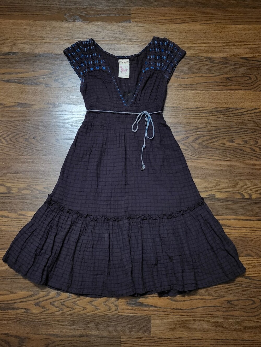 Cute Boho FREE PEOPLE Knit Crotchet Ruffle Prairie Midi Dress w/ Tie Brown sz 0